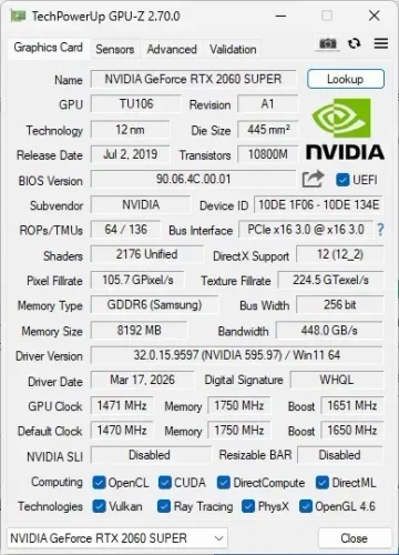 Placa de video RTX 2060 Super 8GB