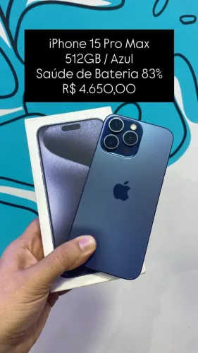 Seminovo: iPhone 15 Pro Max 512GB / Azul / Saude de Bateria 83% - Loja Fisica