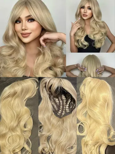 Lace/Wig Loira Ondulada Longa com Franja - NOVA 