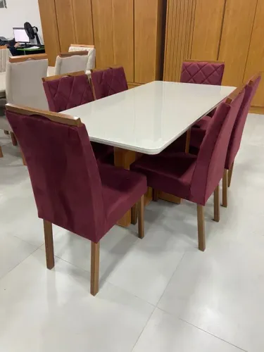 Linda Mesa de Jantar com Tampo de Vidro + 6 Cadeiras Estofadas