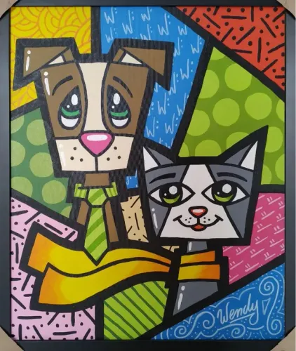 Quadro Dog e Cat (Cão e Gato) - Pintura tinta acrílica com moldura preta