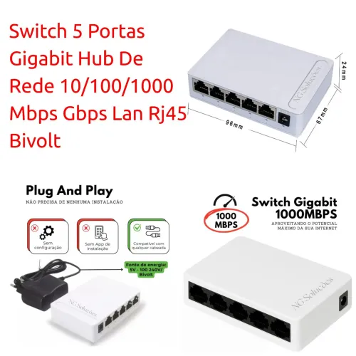 Switch 5 Portas Gigabit 10/100/1000 Mbps - Plug and Play