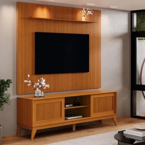 Rack para TV com Painel em Madeira Ripado l654
