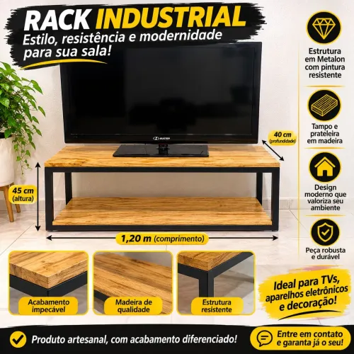 Rack para TV estilo industrial madeira e metal