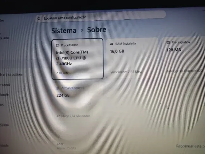 Notebook Acer I3 7100, 16 giga ddr4, SSD 240
