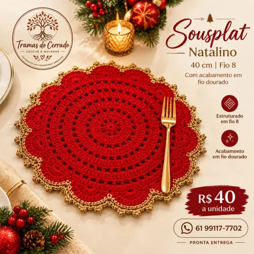 Sousplat de Natal em Crochê, 40cm, unidade