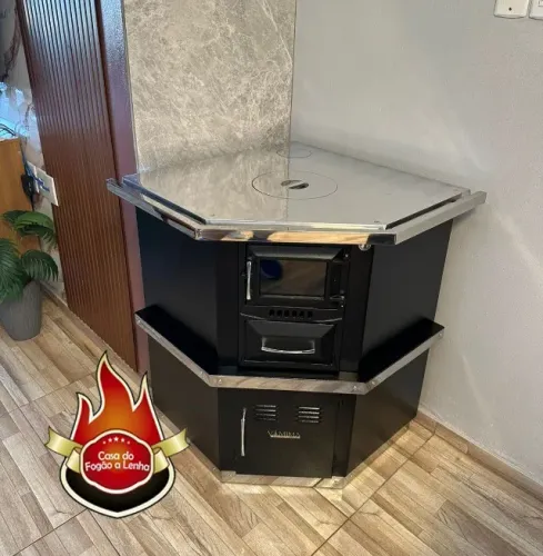 Fogão a lenha de canto reforçado chapa aluminio serve como lareira tambem