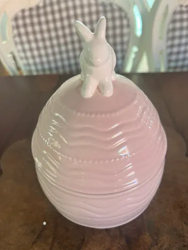 Pote em cerâmica hermético com coelho rosa e branco novo 24x11cm