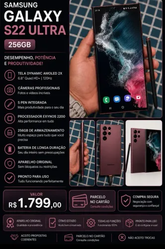 Samsung Galaxy S22 Ultra 256GB | S Pen | Excelente Estado | R$ 1.799