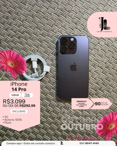 IPHONE 14 PRO, 5G, 128GB, CHIP ESIM, ROXO, BAT 100%, SEMINOVO, EXCLUSIVO!