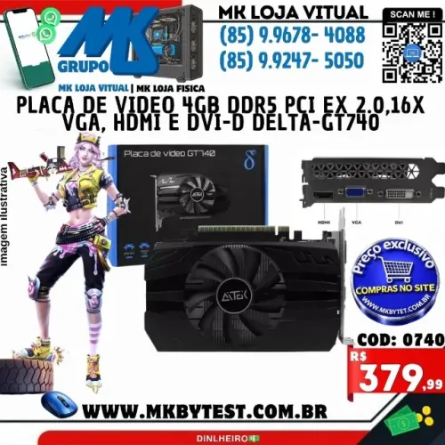 PLACA DE VIDEO 4GB DDR5 PCI EX 2.0,16X VGA, HDMI E DVI-D DELTA-GT740