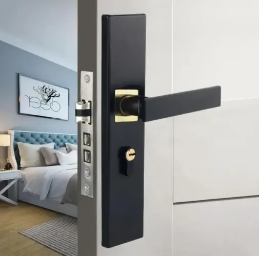 Fechadura de porta interna com alça maçaneta preta e dourada, kit completo Novo