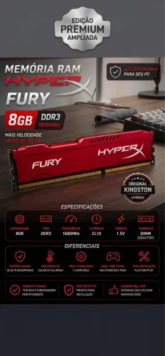Memória RAM Gamer HyperX Fury 8GB DDR3 1600MHz Kingston Vermelha