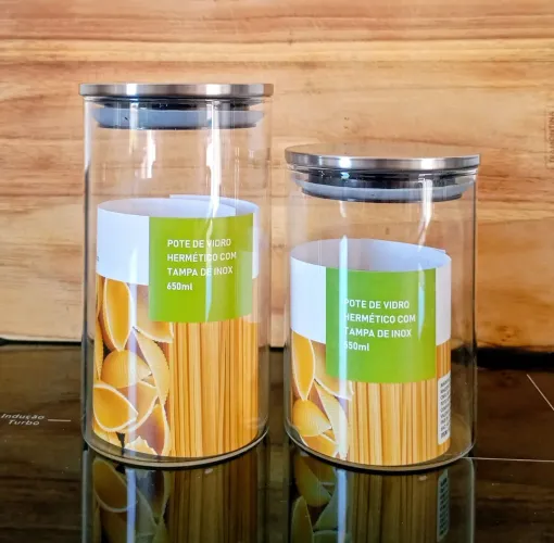 CONJUNTO DE 2 PORTA MANTIMENTOS DE VIDRO COM TAMPA DE INOX (650ML + 550ML)
