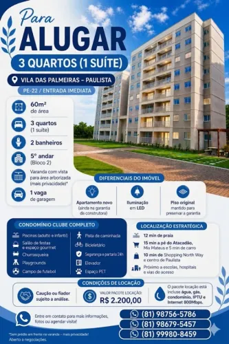 ALUGO: Apto 3 Qts em Paulista - Condomínio Clube (Taxas e Internet Inclusas!)