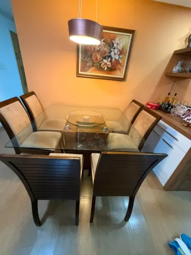 Mesa de Jantar Quadrada 140 x 140 cm - Vidro + 6 Cadeiras