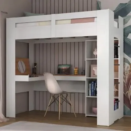 Cama Alta Multifuncional Solteiro Branco Com Escrivaninha