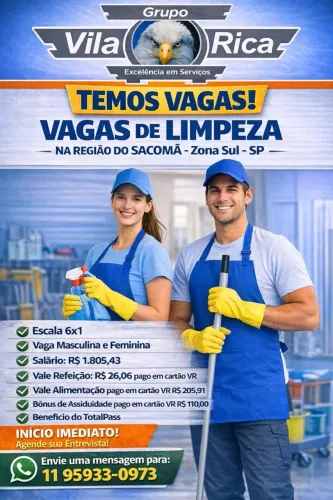 Vagas para Auxiliares de Limpeza, região: Zona Sul, Leste, Oeste e Grande ABC