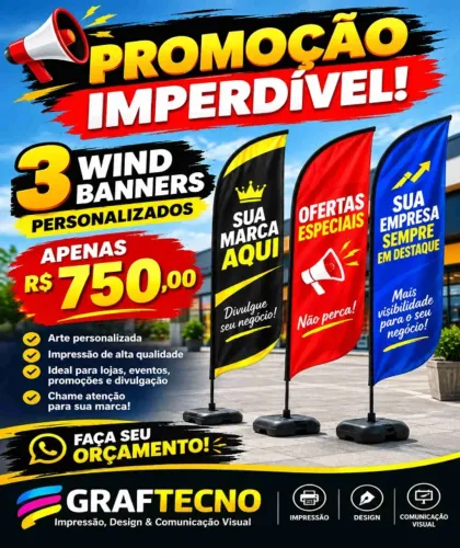 Super promoção aos ventos! 3 wind banners personalizados