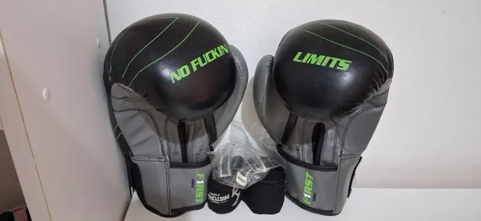 Luvas de Muay thai/Boxe, bandagens e protetor bucal.