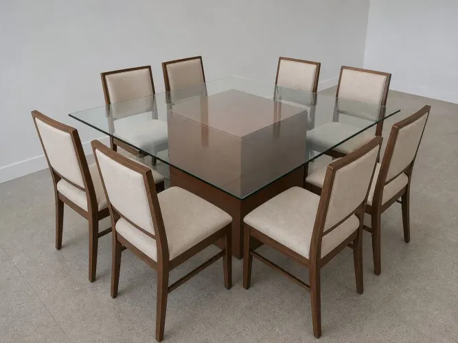 Mesa tampo em vidro temperado 12mm de espessura, 1,47m X 1,47m, base em Mdf cor cobre.