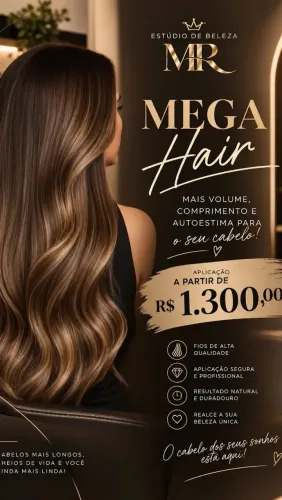 Mega Hair apartir de 1.300,00, com aplicação inclusa.