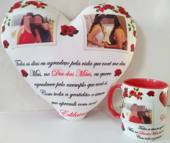 Presente Dia das Mães Kit Almofada Coração + Caneca