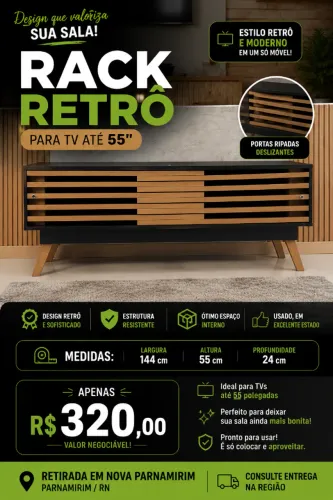 Rack Retrô Preto para TV até 55? com Portas Ripadas