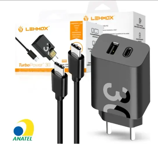 Carregador De Celular Turbo 30W Tipo C + Usb Com Cabo 1 Metro (Entrego)