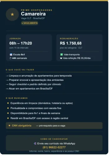 VAGA ABERTA | CAMAREIRA - PRIME HOSPEDAGENS
