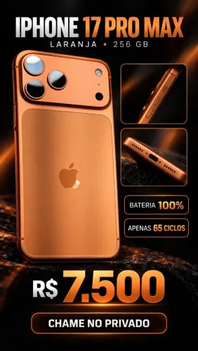Vendo iPhone 17 Pro Max, 256 GB, na cor laranja.