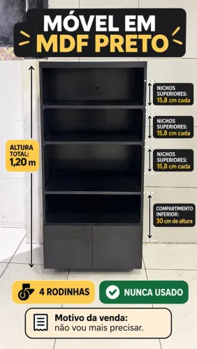 Móvel preto em MDF com 4 rodinhas
