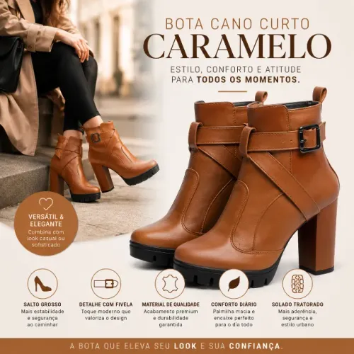 Bota feminina de couro caramelo - Tam 34