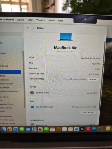 MacBook Air M3 16 GB, tela 13,6", HD 500 GB