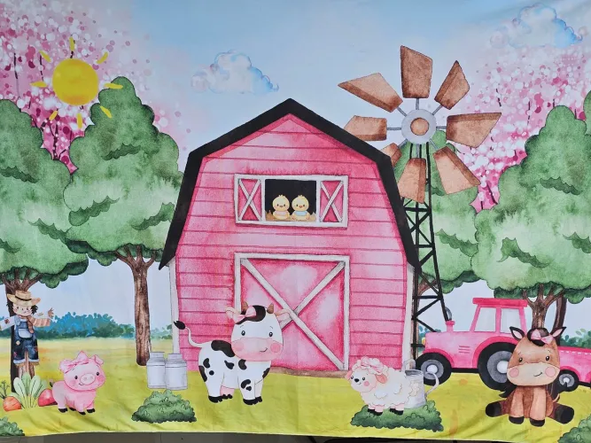 Fundo fotográfico ou painel para festa infantil tema a fazendinha rosa