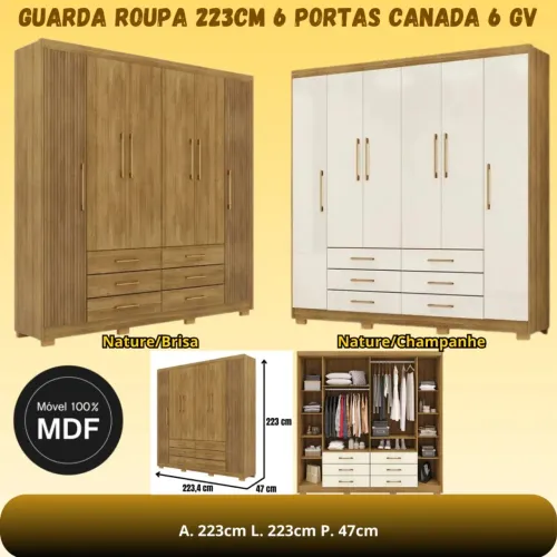 GUARDA ROUPA 223CM 6 PORTAS CANADA 6 GV 100% MDF 