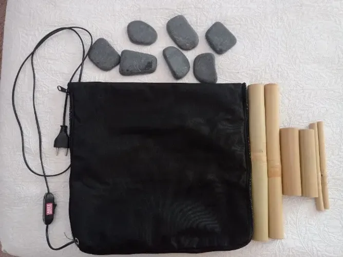 Kit Bolsa Térmica + 7 Pedras Quentes + Bambuterapia