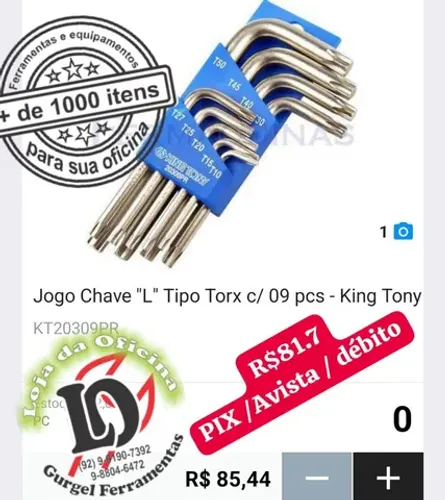 Jogo de chave L tipo Torx com 9 peças - King Tony