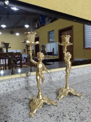 Par de castiçais de bronze puro anjos curumins lindíssimos leia