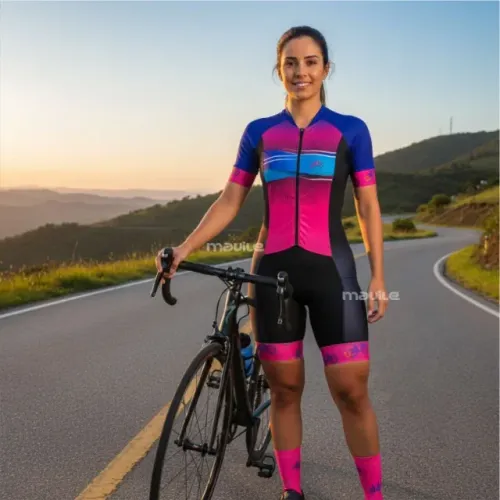 Macaquinho Feminino para Ciclismo UV Bermuda Gel Rosa Azul