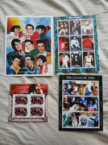 Lote de séries de selos (Elvis Presle6, Queen e outros.