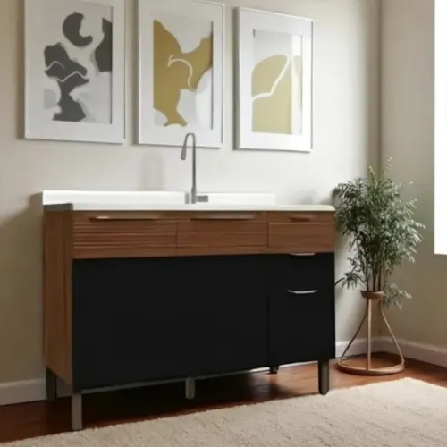 NOVO NO ESTOQUE balcão para pia com acabamento em detalhes ripados.