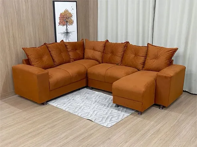 Sofá de Canto Suede Terracota 5 Lugares com Chaise