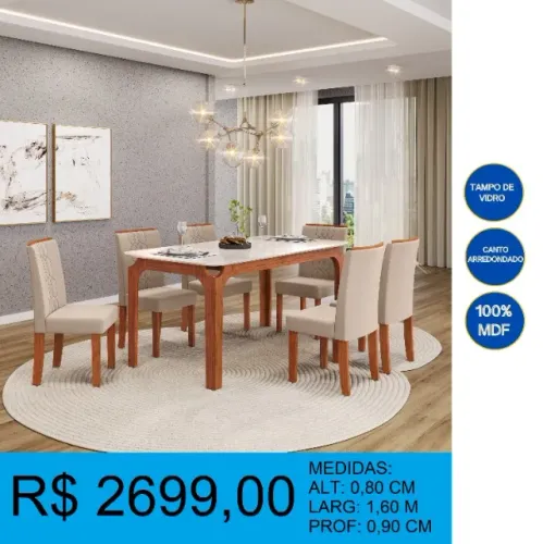Conjunto de mesa 6 cadeiras tampo de vidro - compre hoje e receba amanhã 