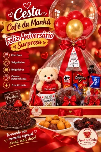 Cesta Café da Manhã Aniversário Surpresa Com Caneca e Mensagem 