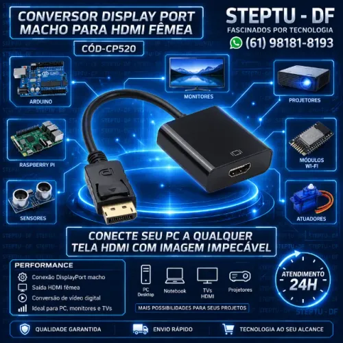 Conversor Display Port Macho Para Hdmi Fêmea Arduino Automação COD-CP520