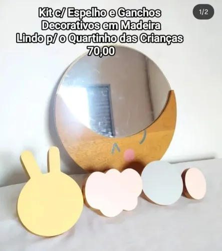 Kit de Espelho e Ganchos Decorativos em Madeira