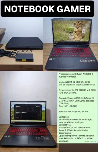 NOTEBOOK GAMER ACER NITRO 5 AN515-45-R1FQ AMD RYZEN 7 RAM32GB SSD 512GB GTX 1650 15.6"