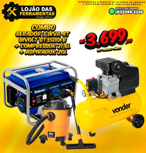 Gerador 3,1Kva 4T Bivolt GT3500fb + Compressor 21,6l + Aspirador 20l