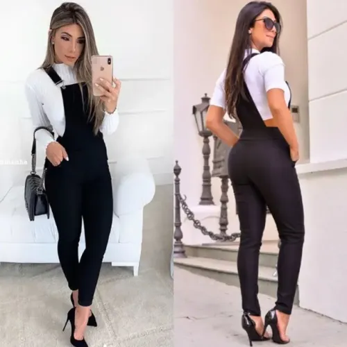 Macacão longo jardineira bengaline com bolsos e fivela feminina